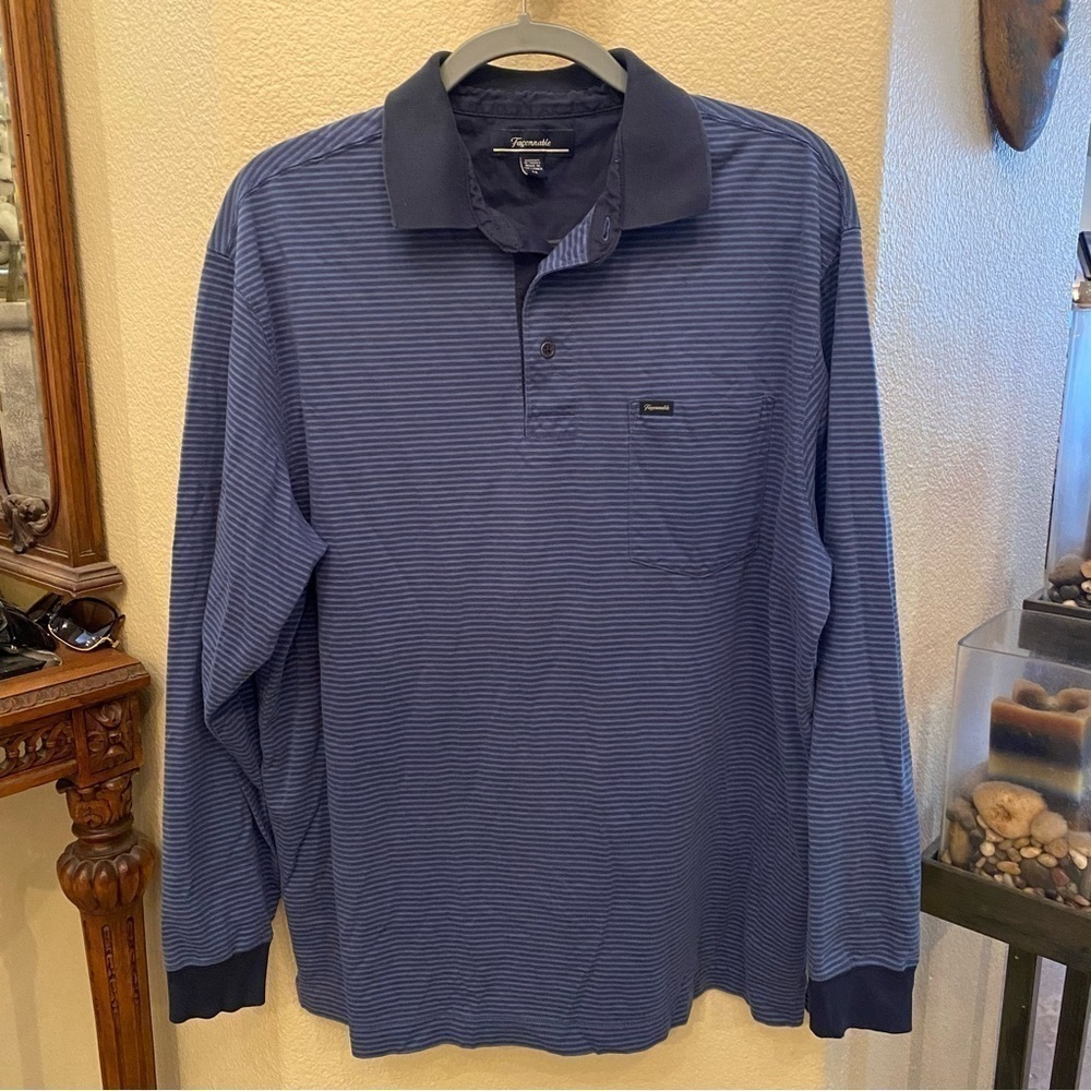 FACONNABLE Men Blue Striped Polo Long Sleeve Top Size Medium